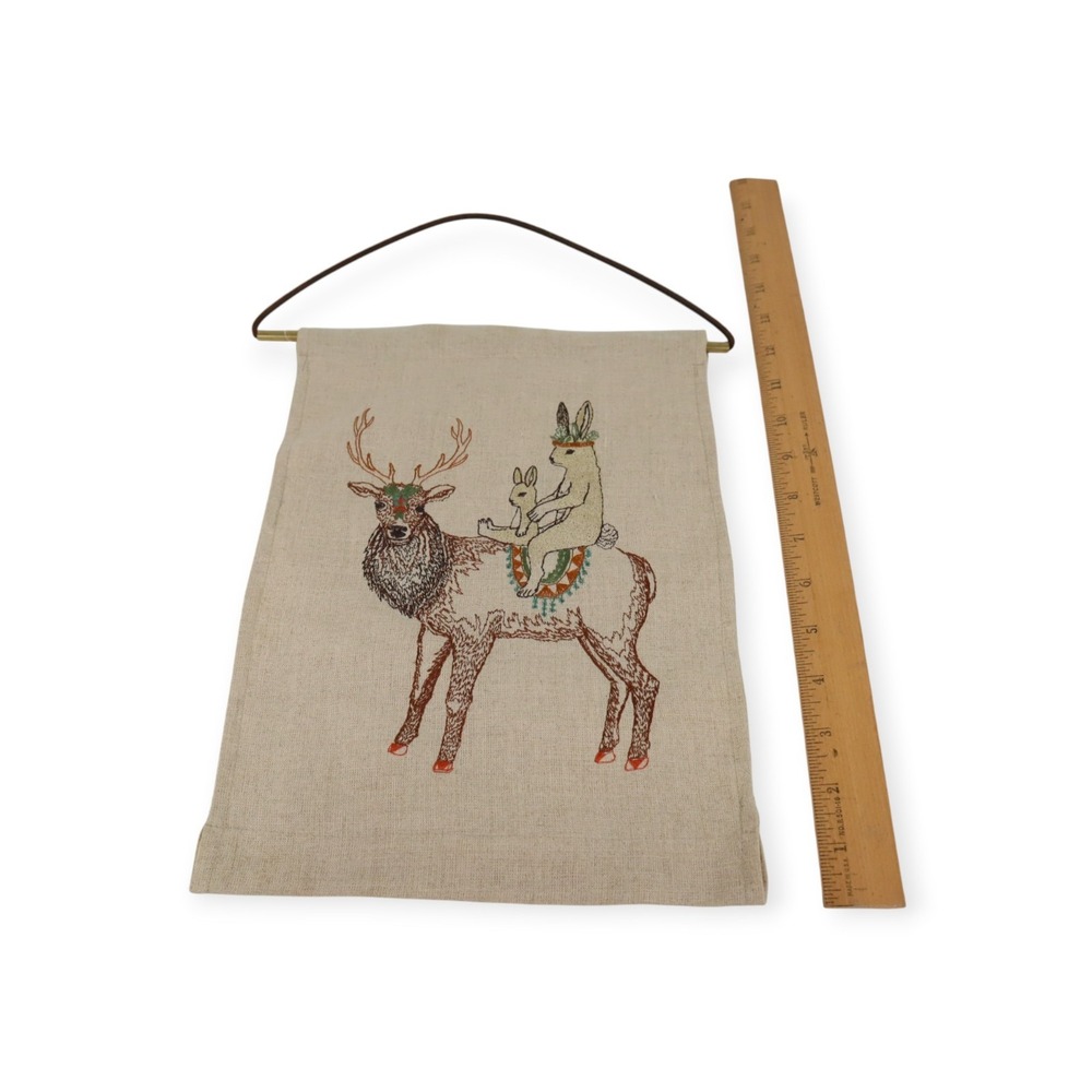 Coral & Tusk Embroidered Rabbits Riding A Deer Wall Hanging ~9x12" - Picture 4 of 6